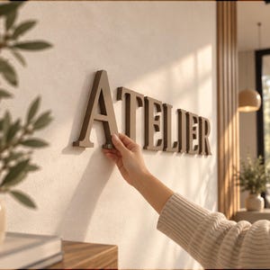 Peut inclure: Un ensemble de lettres tridimensionnelles marron foncé formant le mot ATELIER, fixées sur un mur de couleur claire. Les lettres présentent une police à empattement nette et projettent des ombres distinctes sur la surface du mur.