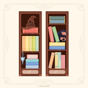 May include: Two wooden bookshelves with various colored books, a sorting hat, and a Niffler holding a golden ring. The shelves are brown with a light brown trim.