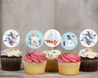 Under the Sea Birthday Cupcake Topper, Nautical Theme Red White Blue, Sea Animals Life Decoration for Kids Birthday Party, Instant Download