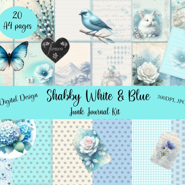 junk journal kit, ephemeras, scrapbooking paper, cardmaking, blue, cyan, shabby chic, flowers, vintage, diy, labels, printable paper