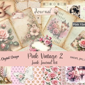Printable paper, A5 pink vintage junk journal pages, embellishments, background paper, use to make cards or diy projects, digital download