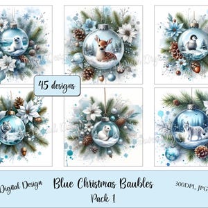 Blue and white Christmas baubles 01, wild animals, watercolor, scrapbooking, digital download, commercial use