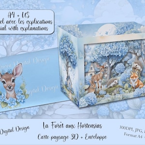 3D-Landschaftskarte + PDF-Anleitung, Der Hortensienwald und die Waldtiere, Rehkitzumschlag im DL-Format, digitales Papier. A4 + USA
