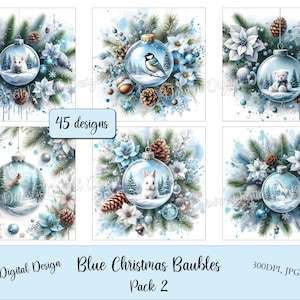 Blue and white Christmas baubles 02, animals & co, watercolor, scrapbooking, digital download, commercial use