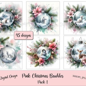 Pink and white Christmas baubles 01, wild animals, watercolor, scrapbooking, digital download, commercial use