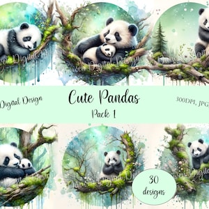 Cute panda & adorable baby panda sleeping on a branch, magical forest, watercolor, scrapbooking, digital download, commercial use