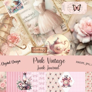 printable paper, A5 pink vintage junk journal pages, embellishments, background paper, use to make cards or diy projects, digital download