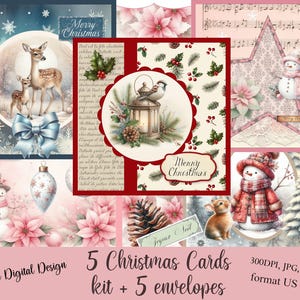 5 cartes de Noël à créer et 5 enveloppes assorties, texte français et anglais,  scrapbooking, format A4 et lettre US, téléchargement digital