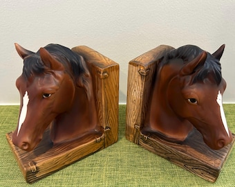 Vintage Pair of LEFTON ceramic Horse Head, Equestrian Bookends, 1950s Made in Japan.