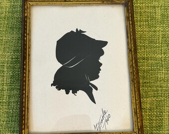 Vintage Hand-Cut Silhouette Portrait of Girl with Hat, Signed L.G. Clarke 1940, Gold Frame