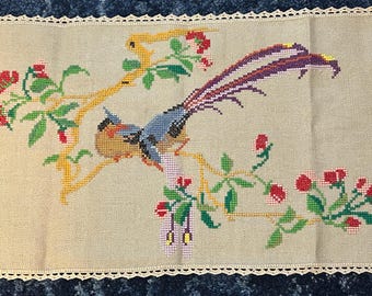 Vintage Cross Stitch Panel Depicting a Colorful Bird and Floral designs, Crocheted lace Trim