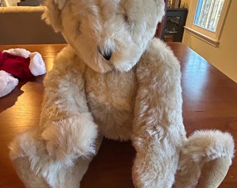 Vintage 15" Beige Vermont Teddy Bear, Posable, Jointed Arms & Legs, with Santa Outfit