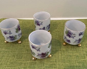 Set of 4 Lefton China Cigarette Holders Featuring Hand-painted Purple Violets and Green Leaves, Gold Rims and Three Gold Feet, MCM