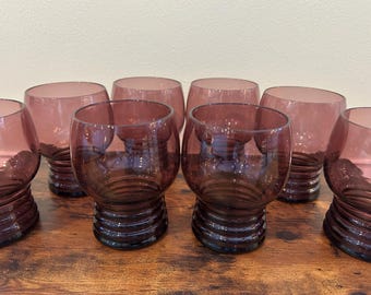 Vintage, MCM, Amethyst Glass Flat Tumblers with Ribbed Bases, Set of 8