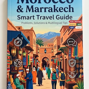 Puede incluir: Una guía de viaje titulada "Morocco & Marrakech Smart Travel Guide" con una colorida ilustración de un mercado marroquí. La portada incluye texto en inglés y algunos otros idiomas. La imagen representa una bulliciosa escena callejera con gente y tiendas.