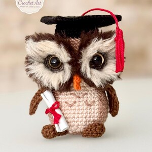 May include: A handmade crochet owl wearing a graduation cap with a red tassel and holding a scroll tied with a red ribbon. The owl has large, expressive eyes and is made of brown, beige, and white yarn. The image includes the text "Crochet Art".