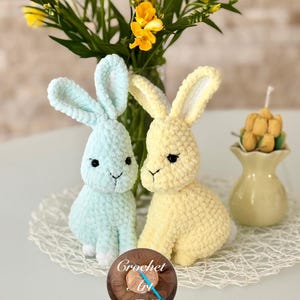 May include: Two crocheted bunny rabbits, one light blue and one yellow, sitting on a white crocheted surface. The bunnies have black eyes and white noses. The text "Crochet Art TM" is visible in the lower center of the image.