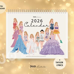 Taylor 2026 Calendar - Printable 26-Page Wall Art with Eras Outfits - TTPD Dress - Swiftlyrics - 2026 Planner for Swifty Fans