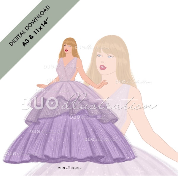 Illustration Taylor Swift A3 et 11 x 14 po. - Robe violette de Speak Now de la tournée Eras