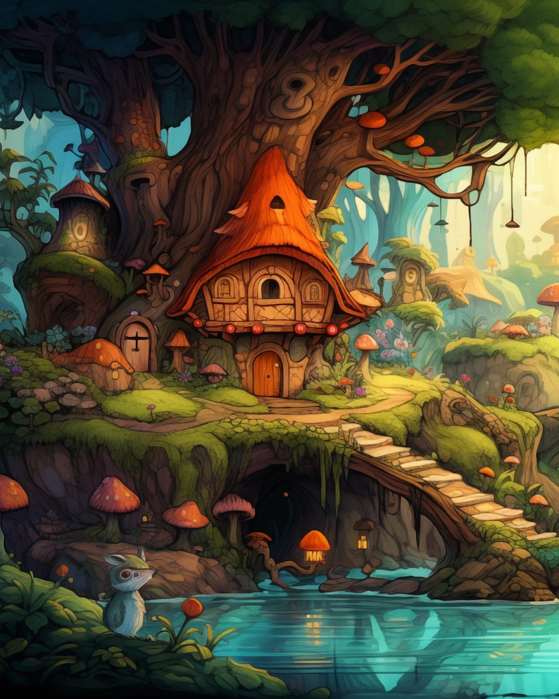 Whimsical Enchanted Forest Wall Art, Magical Riverside Cottage Drawing ...