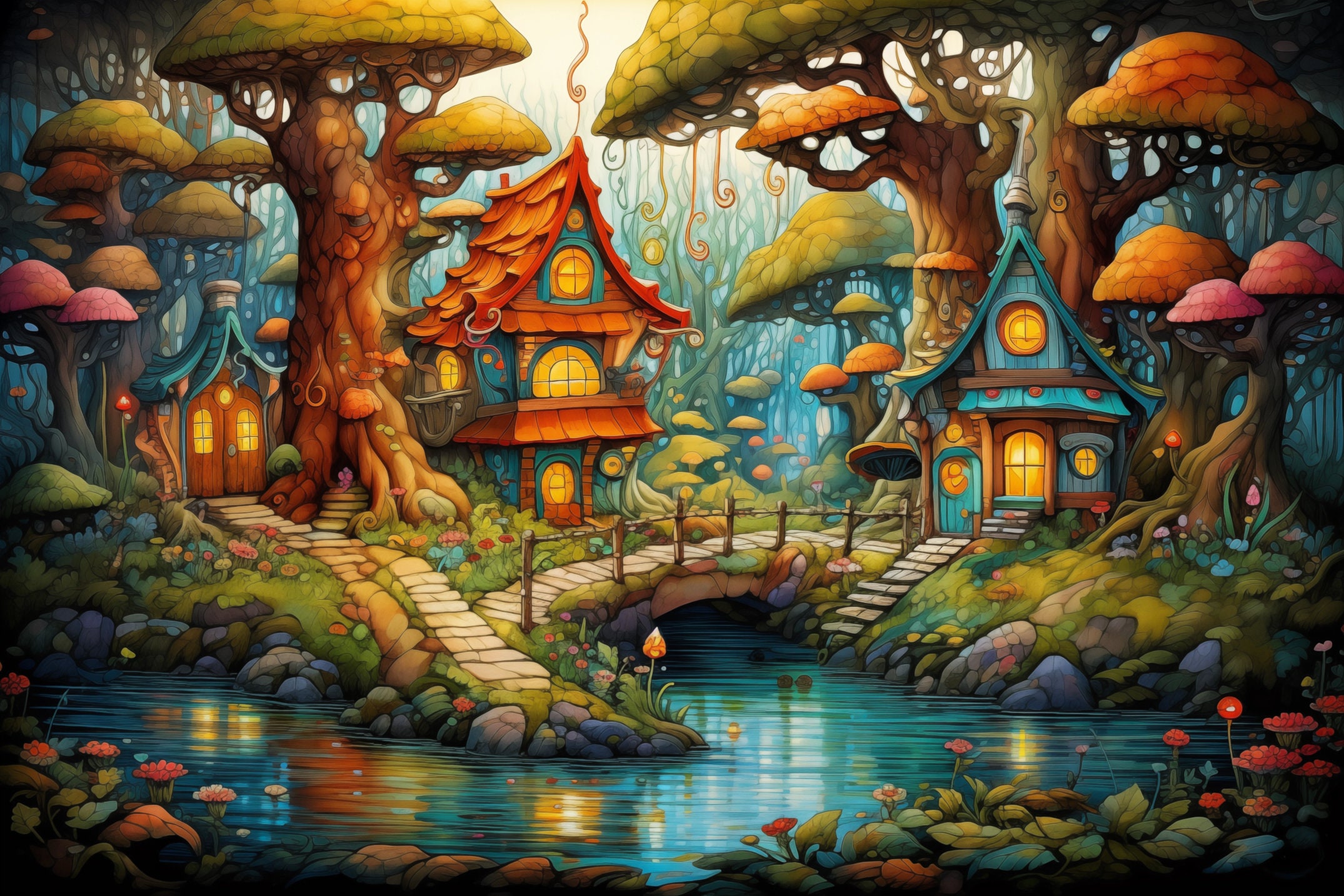 Whimsical Enchanted Forest Wall Art, Magical Riverside Cottage Painting ...