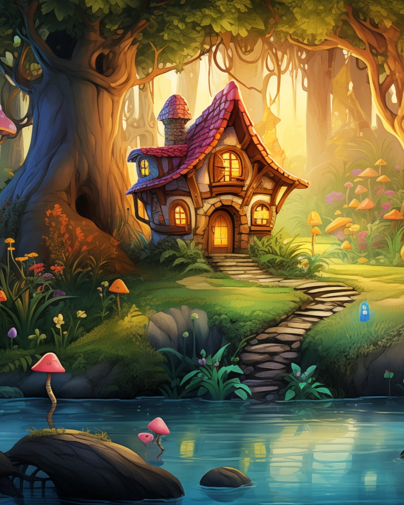 Enchanted Whimsical Forest Wall Art, Fairytale Riverside Cottage ...