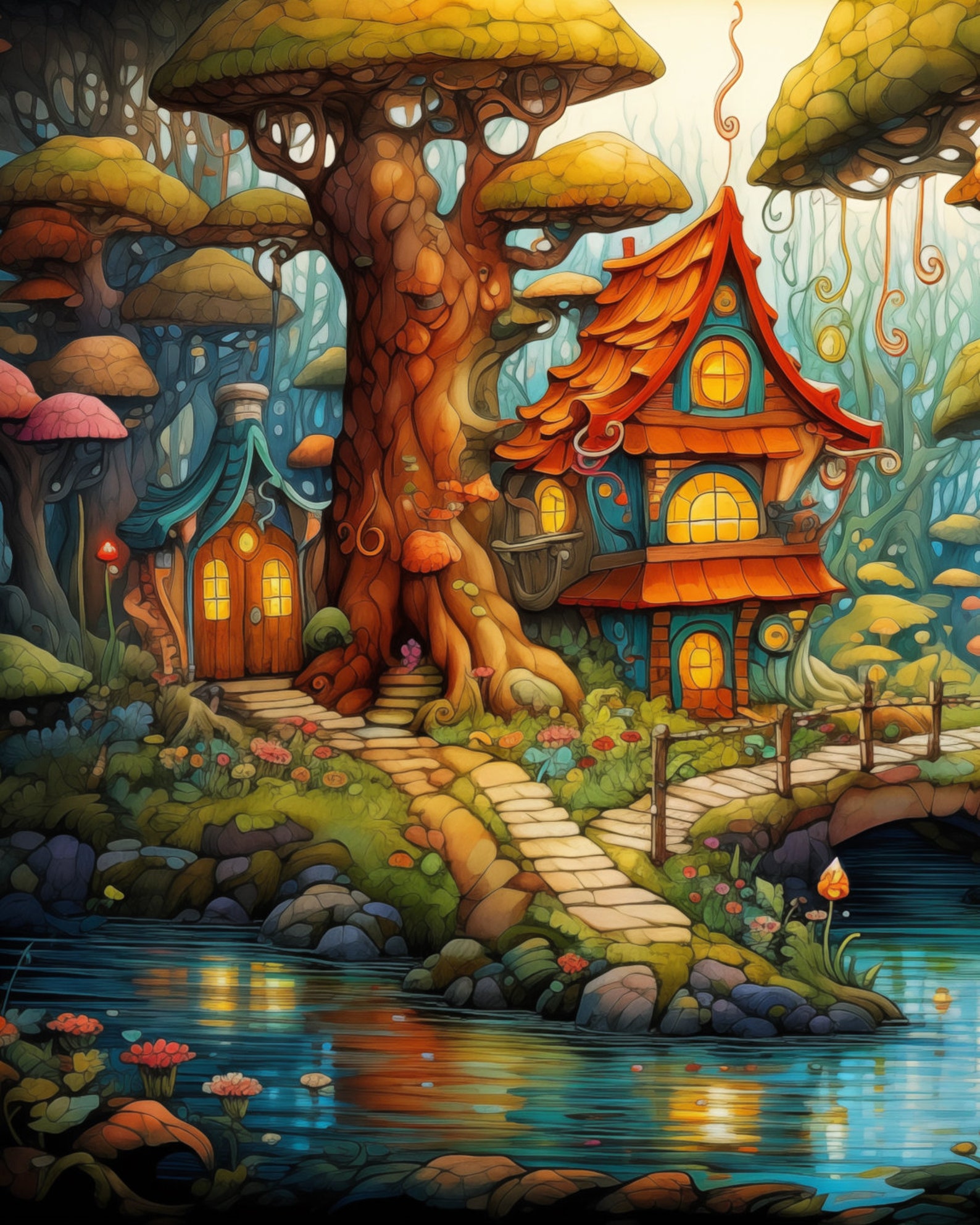 Whimsical Enchanted Forest Wall Art, Magical Riverside Cottage Painting ...