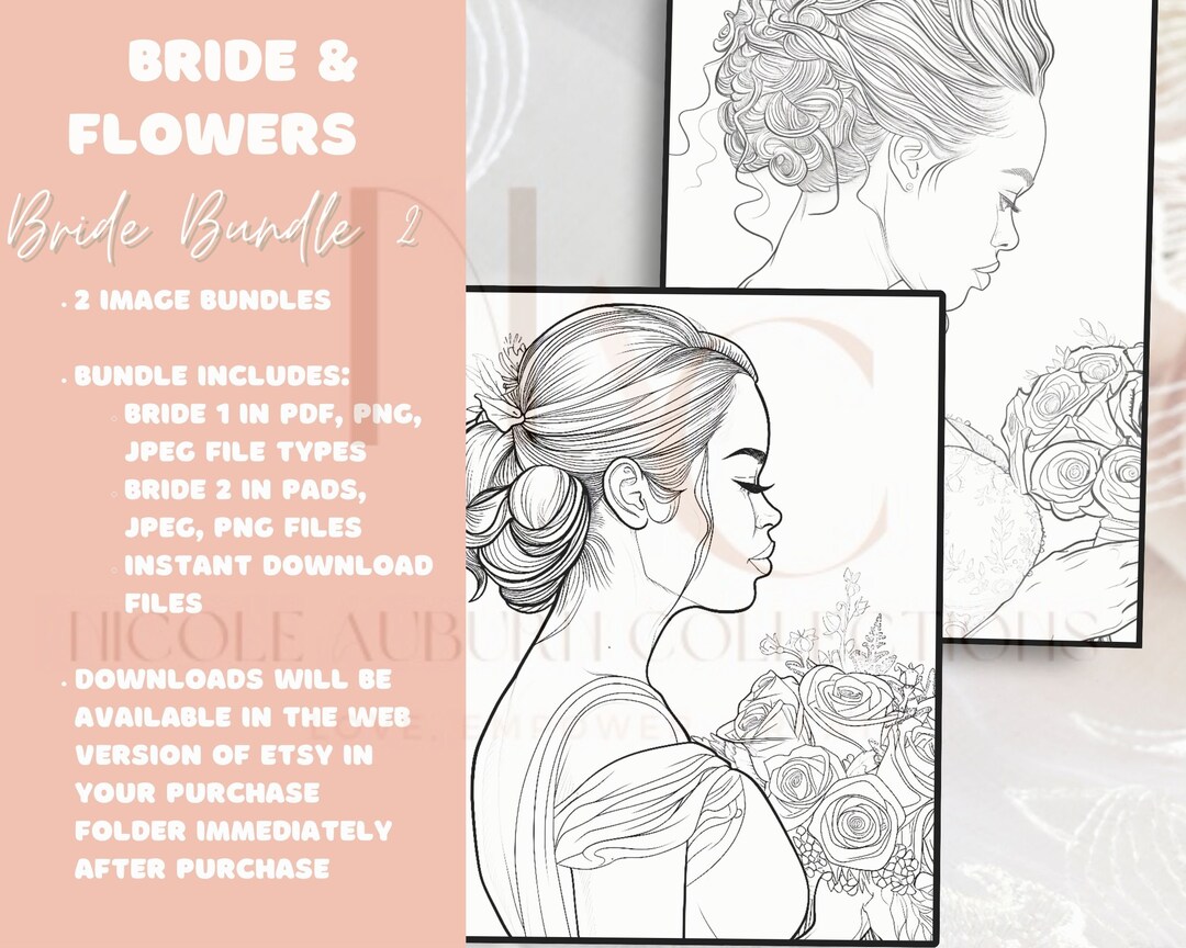 Bride and Flowers, Coloring Pages, Paint and Sip, Pre Drawn Canvas ...