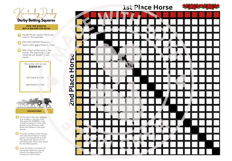 20x16, 11X17 and 8X10 Reusable Kentucky Derby Betting Squares, 400 ...