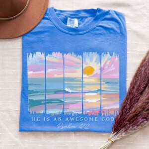 Christian Comfort Colors® Awesome God Shirt, Beachy Sunset Painted Womens T-shirt, Faith T-shirt, Christian Gift, Summer Teen Oversized Tee