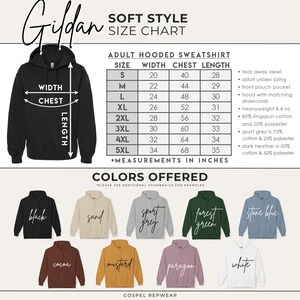May include: A size chart for Gildan adult hooded sweatshirts, showing measurements in inches for width, chest, and length. The chart includes sizes S through 5XL. The chart also lists the colours offered, including black, sand, sport grey, forest green, stone blue, cocoa, mustard, paragon, and white.