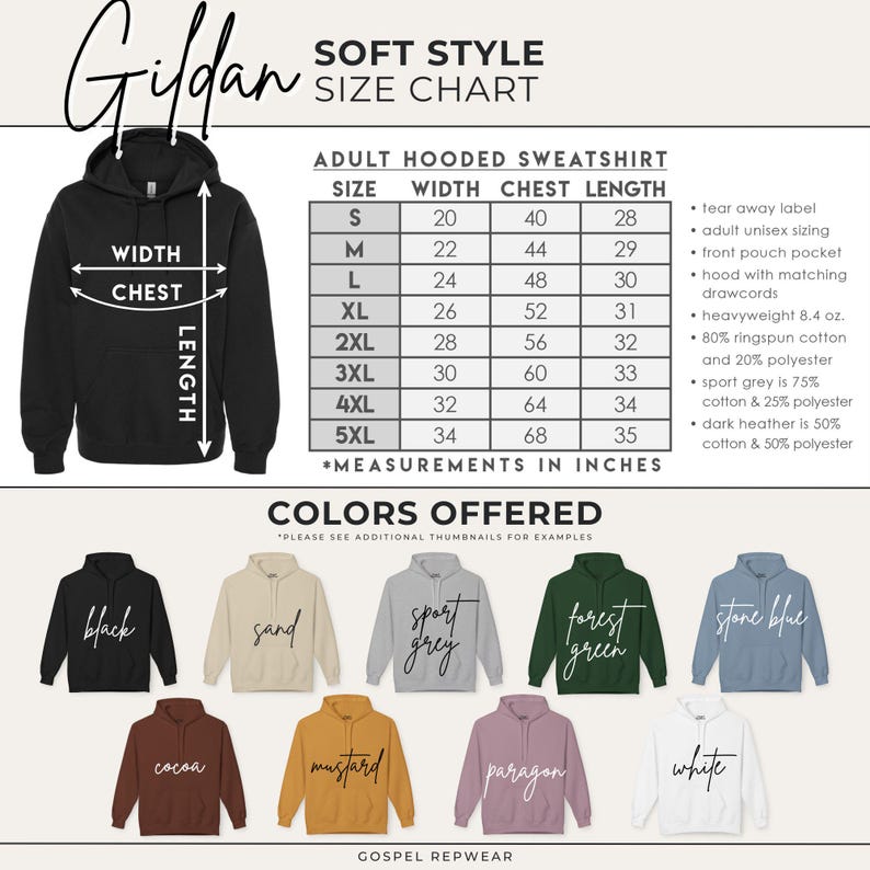 May include: A size chart for Gildan adult hooded sweatshirts, showing measurements in inches for width, chest, and length. The chart includes sizes S through 5XL. The chart also lists the colours offered, including black, sand, sport grey, forest green, stone blue, cocoa, mustard, paragon, and white.