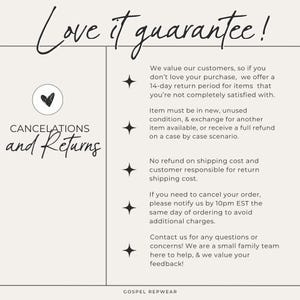 May include: A white and grey graphic with a heart icon and the text "Love it guarantee!" and "Cancellations and Returns". The graphic lists return and cancellation policies for online orders. The text includes a 14-day return period, a requirement for items to be in new condition, and a statement that customers are responsible for return shipping costs.
