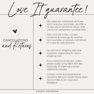 May include: Cream-colored graphic with the text "Love It guarantee!" and "CANCELATIONS and Returns." The text details a 14-day return policy, exchange options, and cancellation instructions. The brand name "GOSPEL REPWEAR" is at the bottom.