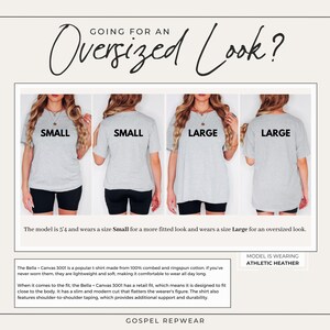 May include: Image showing a comparison of t-shirt sizes for an oversized look. The text "GOING FOR AN Oversized Look?" is at the top. Four images of a person wearing a gray t-shirt labeled "SMALL" and "LARGE" are shown. The text "MODEL IS WEARING ATHLETIC HEATHER" is also present.