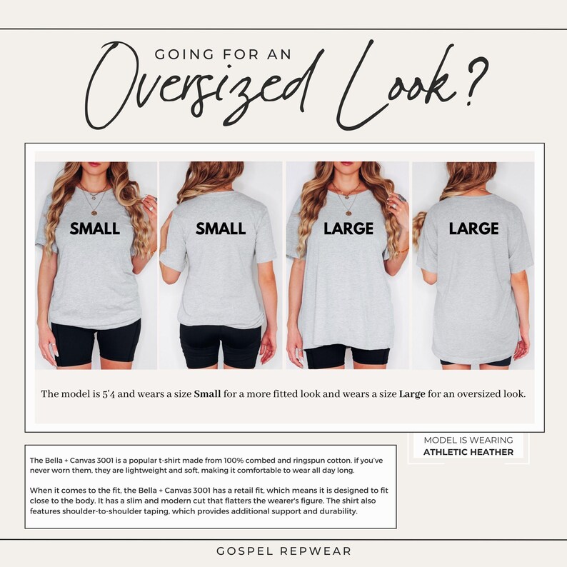 May include: Image showing a comparison of t-shirt sizes for an oversized look. The text "GOING FOR AN Oversized Look?" is at the top. Four images of a person wearing a gray t-shirt labeled "SMALL" and "LARGE" are shown. The text "MODEL IS WEARING ATHLETIC HEATHER" is also present.