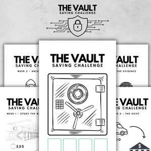 May include: A set of white cards featuring the text "THE VAULT SAVING CHALLENGE" and illustrations of a safe, a house, and a car. The cards have a monochrome design, with the phrases "Week 1 - Study the Blueprint", "Week 2 - Hack", and "Week 3 - The Heist".