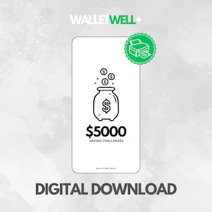 May include: A printable digital download of a $5,000 saving challenge. The image shows a black and white illustration of a jar with dollar signs floating above it. The text "$5000 Saving Challenges" is below the jar.