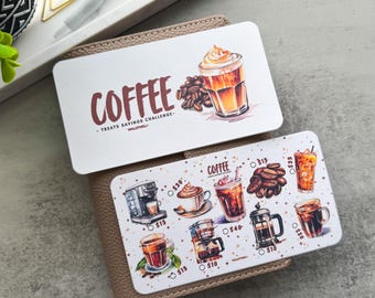 May include: A white card with the text "COFFEE - TREATS SAVINGS CHALLENGE - WALLETWELL" and a watercolor illustration of a coffee drink with whipped cream. A second white card with the text "COFFEE" and watercolor illustrations of different coffee drinks and coffee brewing equipment with prices listed next to each.