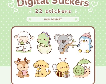 Süßer Kawaii Digital Sticker Sheet, digitaler Planer & digitales Journal Goodnotes Stickers Pack - entzückende Tiere Sticker Bundle als PNG