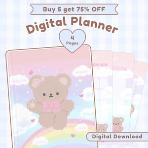 Leuke digitale planner ongedateerd kawaii beer pastel Goodnotes planner notability digitaal dagboek maandelijks wekelijks dagelijks sjabloon ipad planner 2025