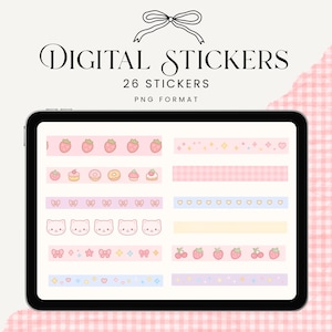 Kawaii Digital Washi Tape Cute Pastel Cat & Dessert Washi Strips for Goodnotes Notability iPad Planners Journals Washi Tape digital Stickers