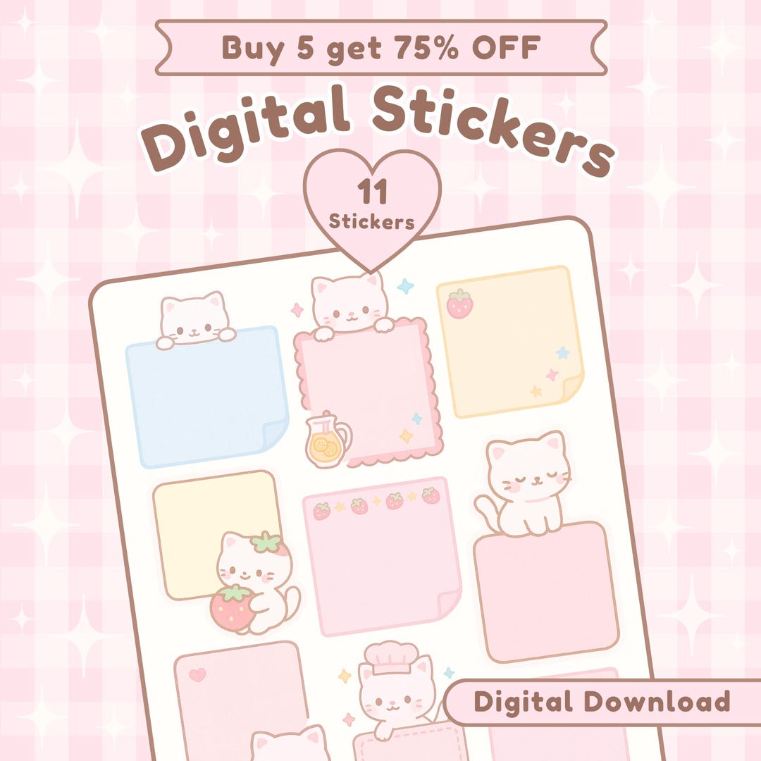 Pastel Kawaii Cute Digital Sticky Notes Cute Cat Digital Sticky Notes ...