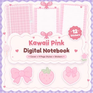 Könnte beinhalten: Ein digitales Notizbuch-Set mit rosa Vichy-Karo- und Raster-Seitenvorlagen, verziert mit Schleifen und Herzen. Der Text lautet Kawaii Pink Digital Notebook, 12 Stickers und Cover + 4 Page Styles + Stickers. Enthält Schleifen-, Erdbeer- und Herzaufkleber.