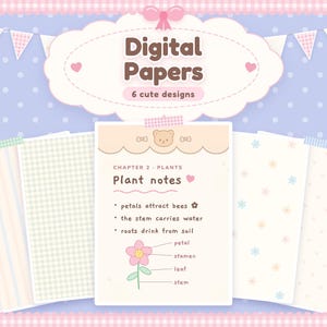 Könnte beinhalten: Ein Set aus sechs digitalen Papieren mit Pastellmustern und einem zentralen Blatt mit der Überschrift Chapter 2 Plants, Plant notes, sowie einer Blumengrafik mit Beschriftungen für petal, stamen, leaf, stem und biologischen Notizen.