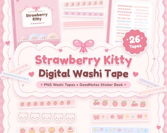 Könnte beinhalten: Ein digitales Washi-Tape-Set mit dem Titel Strawberry Kitty, bestehend aus 26 einzelnen Klebestreifen in Rosa- und Pastelltönen. Die Sammlung enthält ein Stickerbuch sowie verschiedene Muster mit Erdbeeren, Katzen, Schleifen und Herzen.