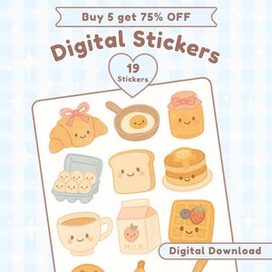 Pegatinas digitales kawaii, paquete de pegatinas acogedoras de Goodnotes, desayuno, bonito planificador digital, diario digital diario, pegatinas de comida imprimibles png