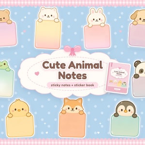 Notas adhesivas digitales Kawaii Cute, animales adorables, Goodnotes, pegatinas digitales, notas funcionales, iPad, planificador, diario digital, notas digitales