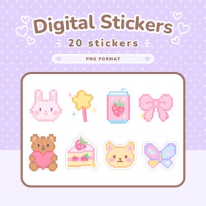 Könnte beinhalten: Ein digitales Stickerbogen auf helllila Hintergrund mit Polka Dots. Der Text "Digital Stickers" und "20 stickers" sind oben angezeigt. Der Bogen enthält pixelige Bilder eines Hasen, eines Sternenzauberstabs, eines Erdbeergetränks, einer Schleife, eines Bären, eines Kuchens, einer Katze und eines Schmetterlings.