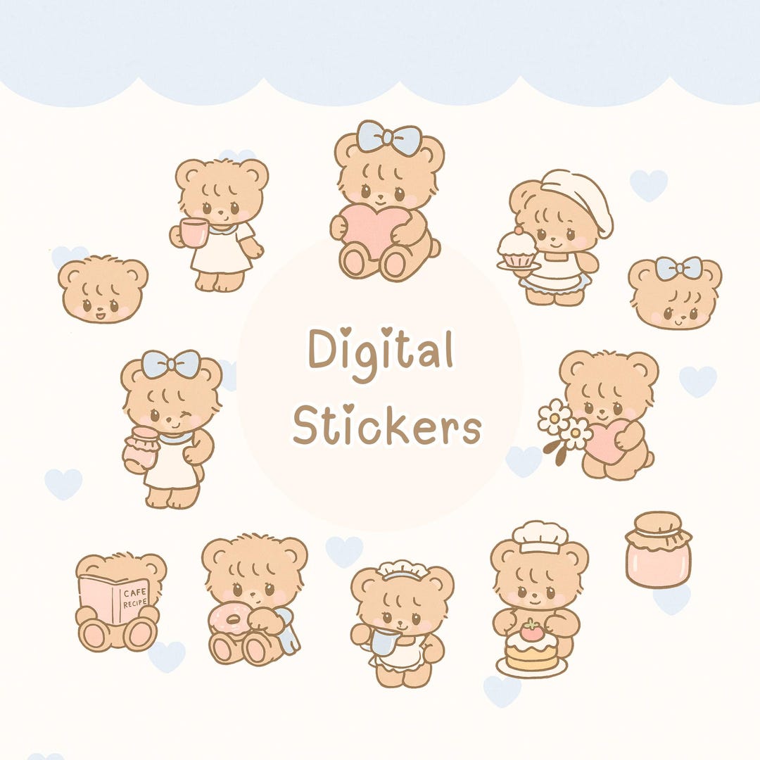 Cute Pastel Digital Stickers Cozy Cafe Teddy Bear Planner Stickers ...